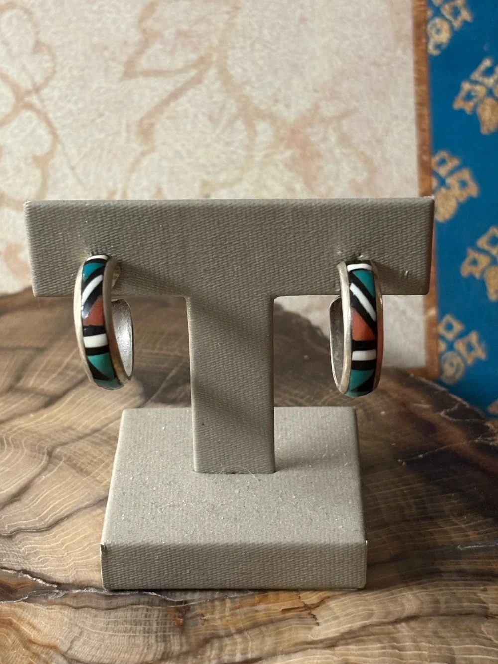 Sterling Silver Vintage Zuni Hoop Earrings with Turquoise, Coral & Black Inlay